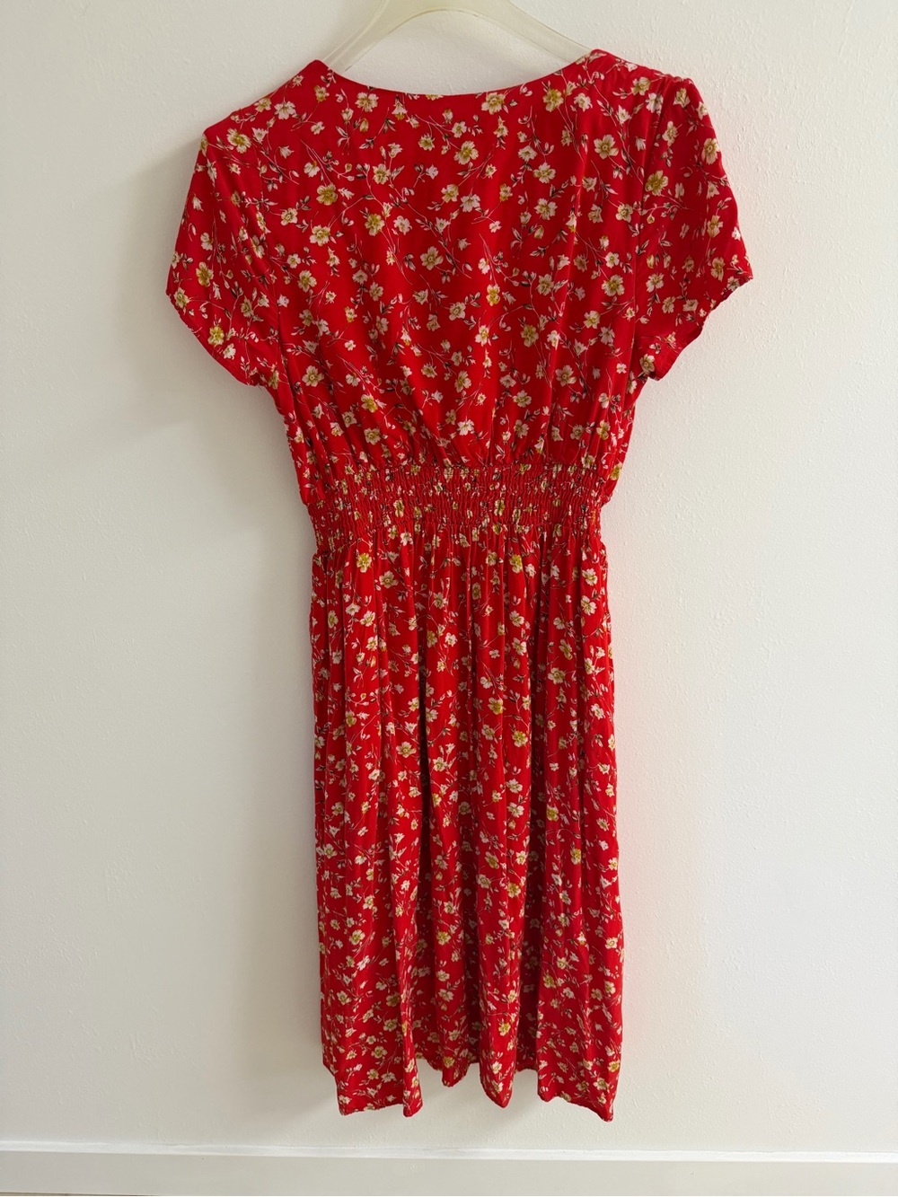 Modcloth Red Floral Midi Dress with Smocked Waist - Picture 2 of 3